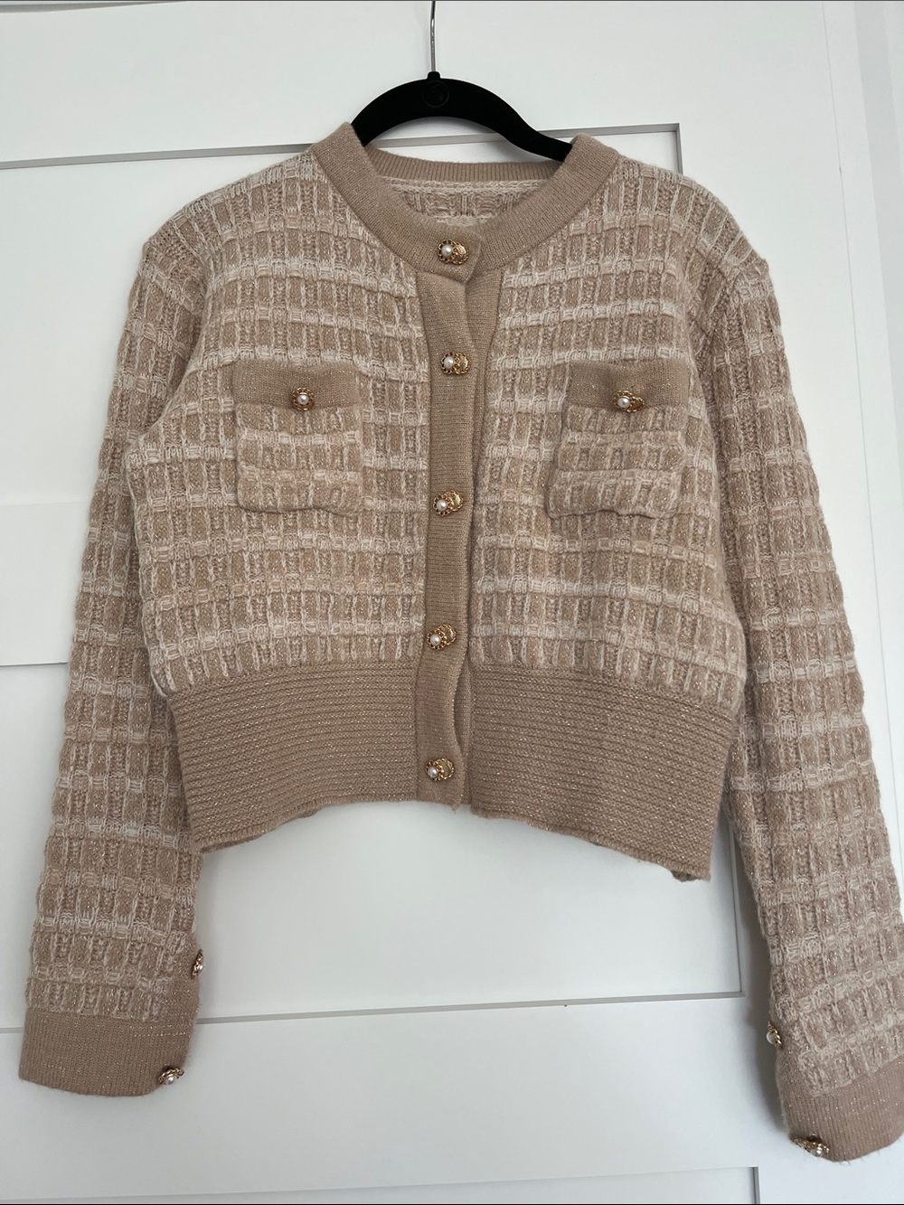 Pink Beige Textured Knit Cardigan with Gold Pearl Buttons, silver thread accents